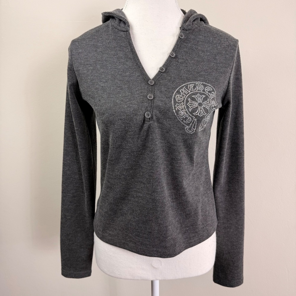 Chrome Hearts Womens Charcoal Grey Rhinestone Horseshoe Cross Henley Hoodie Sml